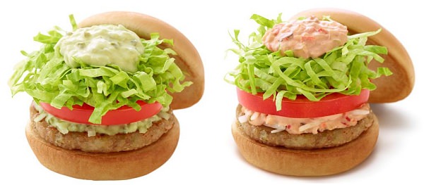 ↑ 左から「ソイ野菜バーガー アボカドソース」「ソイ野菜バーガー オーロラソース」