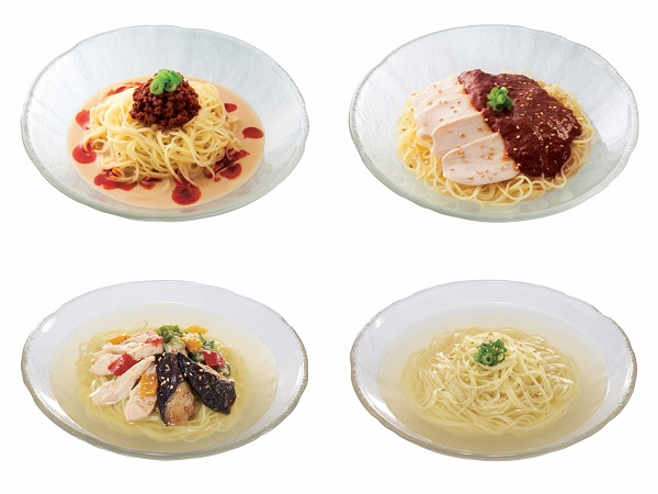 ↑ 上段左から四川担々涼風麺、四川棒々鶏涼風麺。下段左から鶏野菜涼風麺、柚子涼風麺