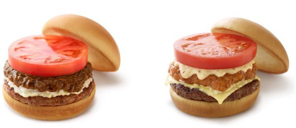 ↑ カレーモスバーガー(左)とリッチモスチーズバーガー ゴルゴンゾーラチーズソース(右)