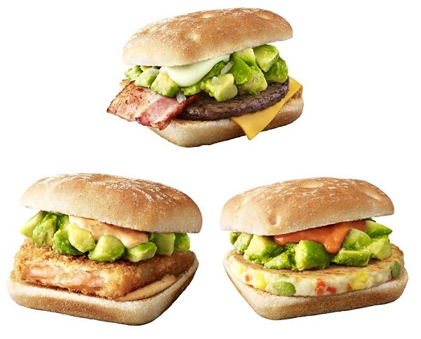 ↑ 上段はアボカドバーガー、下段は左からアボカドえび、アボカドベジタブルチキン