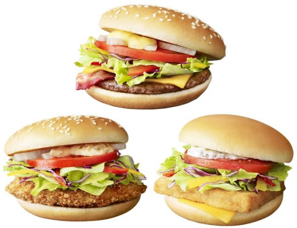 ↑ 上段はフレッシュマック ベーコンレタスバーガー、下段は左からフレッシュマック チキンフィレオ、フレッシュマック フィレオフィッシュ