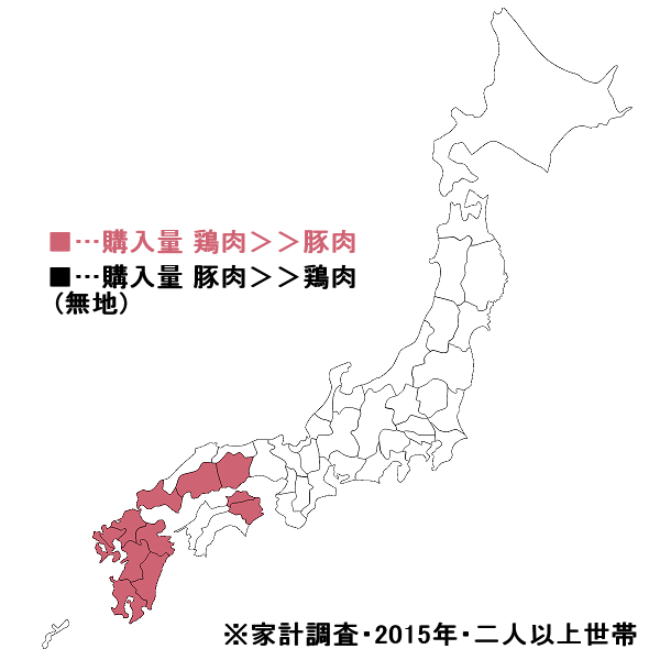 ↑ 都道府県別・「豚肉」「鶏肉」の年間消費(購入)分量の高低(2015年)