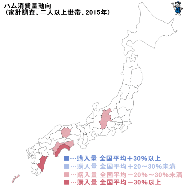 ↑ ハム消費量動向(家計調査、二人以上世帯、2015年)
