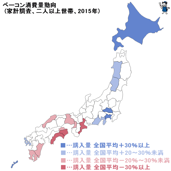 ↑ ベーコン消費量動向(家計調査、二人以上世帯、2015年)
