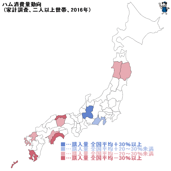 ↑ ハム消費量動向(家計調査、二人以上世帯、2016年)
