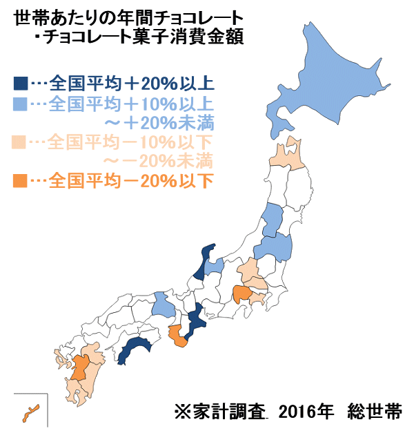 ↑ 世帯あたりの年間チョコレート・チョコレート菓子消費金額(家計調査・2016年分・総世帯)