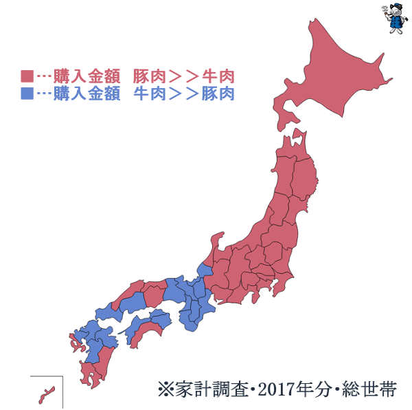 ↑ 都道府県別・「牛肉」「豚肉」の年間消費(購入)金額の高低(2017年)