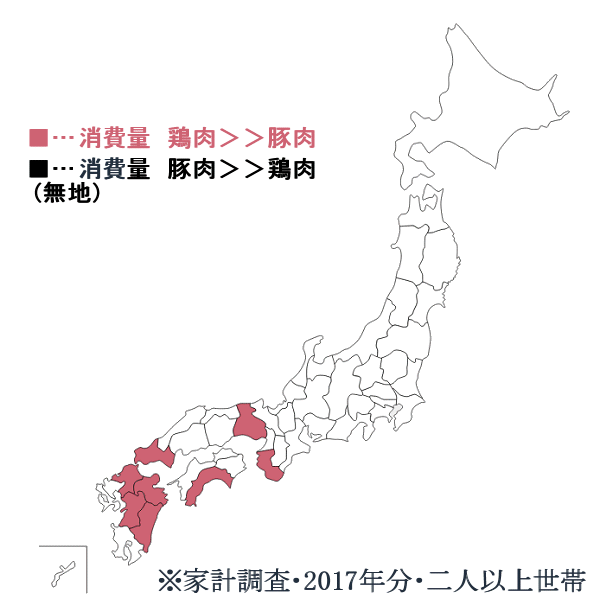 ↑ 都道府県別・「豚肉」「鶏肉」の年間消費(購入)分量の高低(2017年)