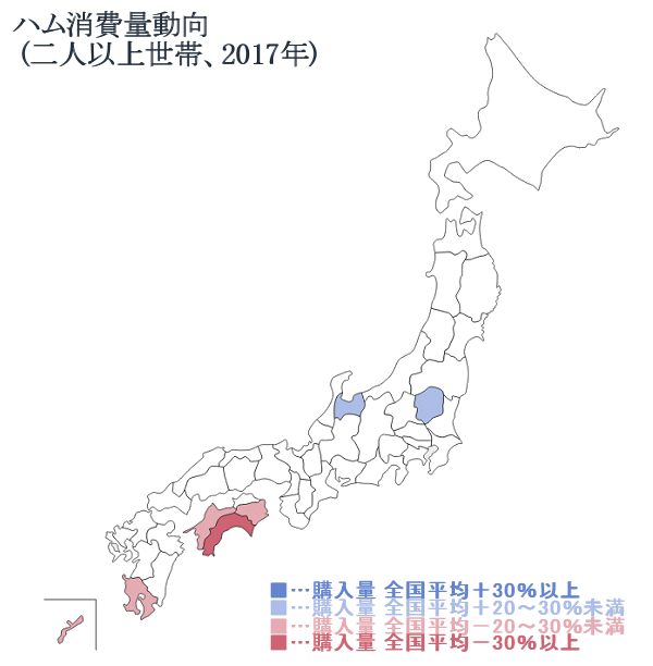 ↑ ハム消費量動向(二人以上世帯、2017年)