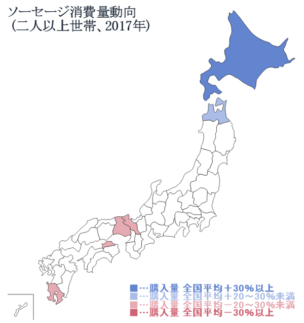 ↑ ソーセージ消費量動向(二人以上世帯、2017年)