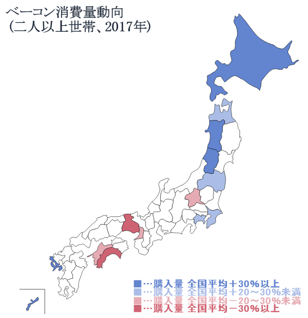↑ ベーコン消費量動向(二人以上世帯、2017年)