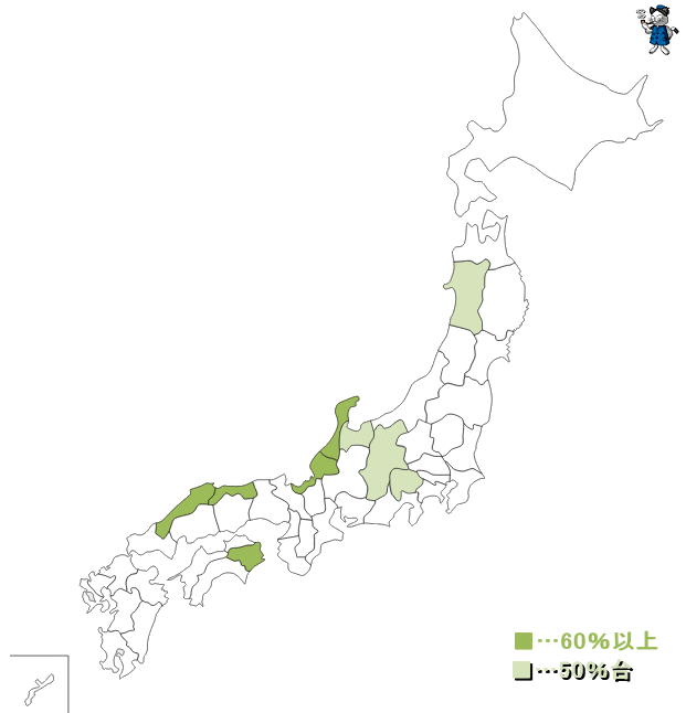 ↑ 「地方紙」が世帯普及率トップの都道府県のうち、該当トップ紙の普及率が50％以上の地域(2017年7月から12月)