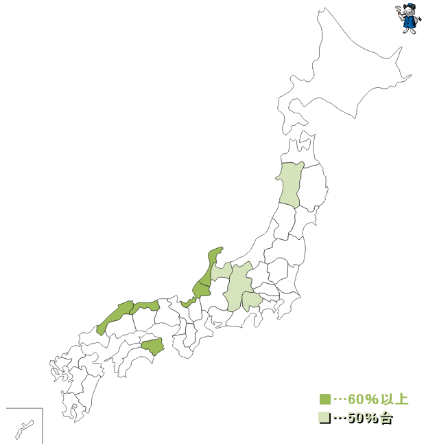 ↑ 「地方紙」が世帯普及率トップの都道府県のうち、該当トップ紙の普及率が50%以上の地域(2017年7月から12月)
