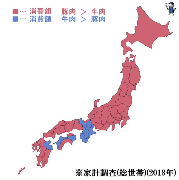↑ 牛肉・豚肉の年間購入(消費)額の高低(都道府県別)(2018年)
