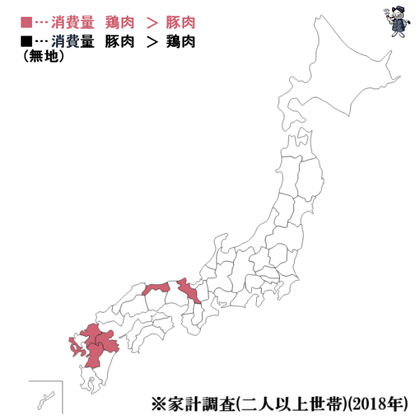↑ 豚肉・鶏肉の年間購入(消費)量の高低(都道府県別)(2018年)