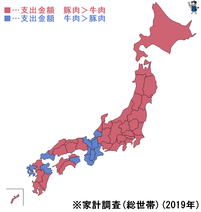 ↑ 牛肉・豚肉の年間支出金額の高低(都道府県別)(2019年)