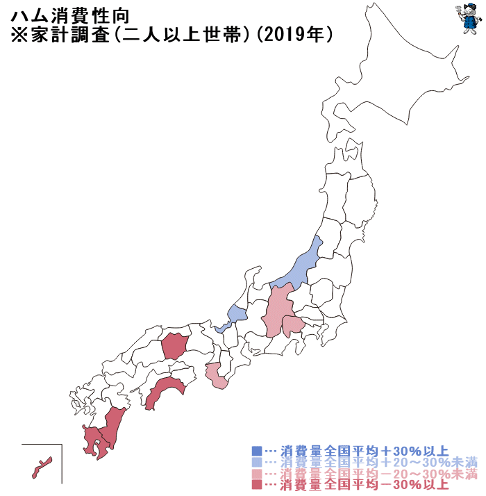 ↑ ハム消費性向(二人以上世帯)(2019年)