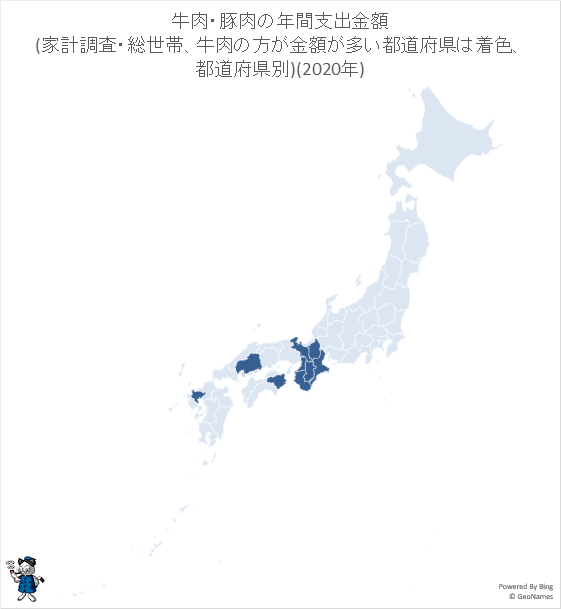 ↑ 牛肉・豚肉の年間支出金額(家計調査・総世帯、牛肉の方が金額が多い都道府県は着色、都道府県別)(2020年)