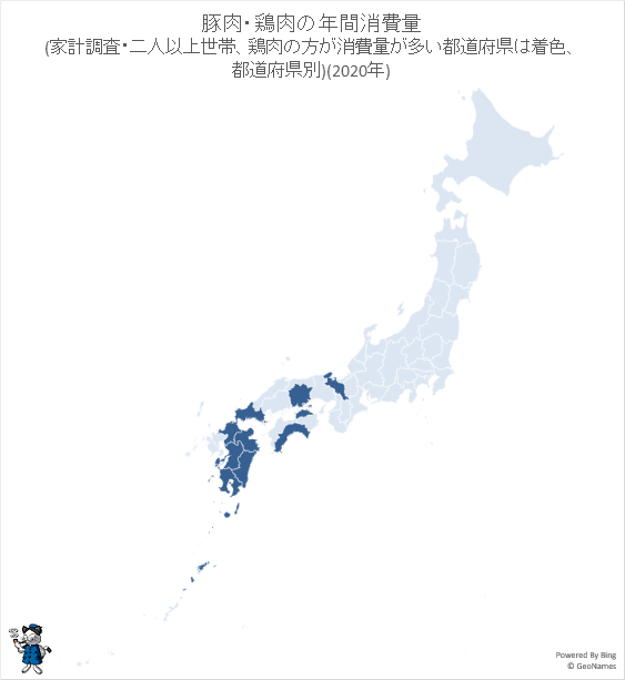 ↑ 豚肉・鶏肉の年間消費量(家計調査・二人以上世帯、鶏肉の方が消費量が多い都道府県は着色、都道府県別)(2020年)