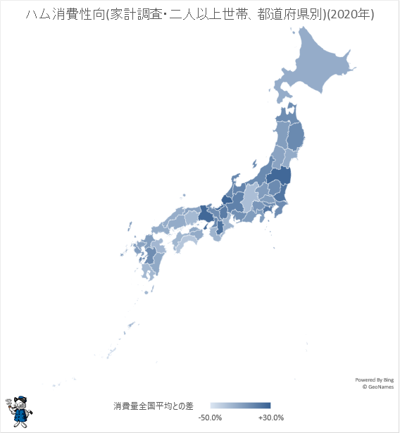 ↑ ハム消費性向(家計調査・二人以上世帯、都道府県別)(2020年)