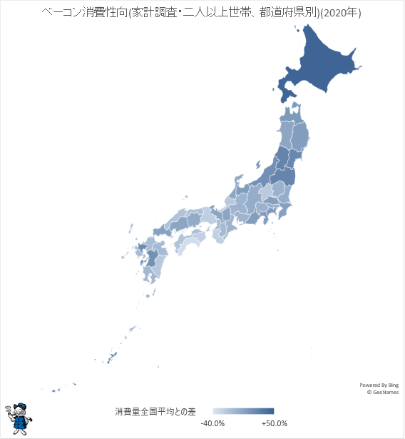 ↑ ベーコン消費性向(家計調査・二人以上世帯、都道府県別)(2020年)