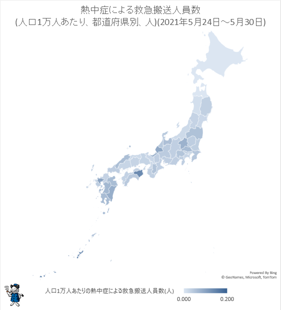 ↑ 熱中症による救急搬送人員数(人口1万人あたり、都道府県別、人)(2021年5月24日-5月30日)
