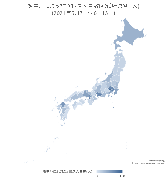 ↑ 熱中症による救急搬送人員数(都道府県別、人)(2021年6月7日-6月13日)