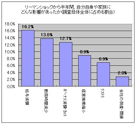 リーマンショックから半年間、自分自身や家族にどんな影響があったか(調査母体全体に占める割合)