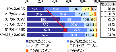 景気の落ち込み・不況を、身近なところでは、どのくらい感じていますか(年齢階層別)