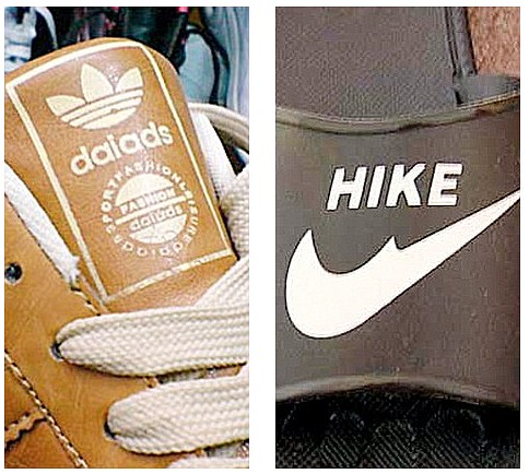 daiadsとHIKE。もとはもちろんアディダスとナイキ。フォントとマークを似せて、同じような商品に展開しているだけにタチが悪い。