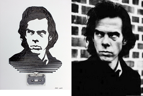 ↑ オーストラリア出身のシンガーソングライター、ニック・ケイヴ氏の肖像画と、その元絵となったと思われる写真
