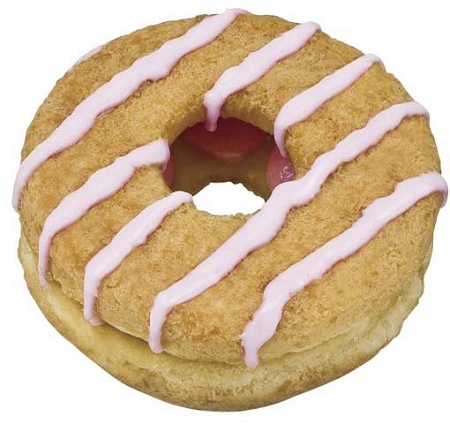 ↑ ふわふわケーキドーナツ(イチゴクリーム)のパッケージと本体