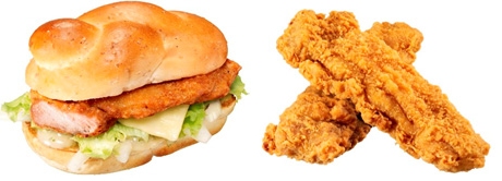↑ レギュラーアイテムの「チキンバーガー ソルト&レモン」(左)と「ジューシーチキンセレクト」(右)