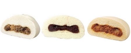 ↑ 左から「旨とろ肉まん」「あんまん(粒あん)」「ピザまん」