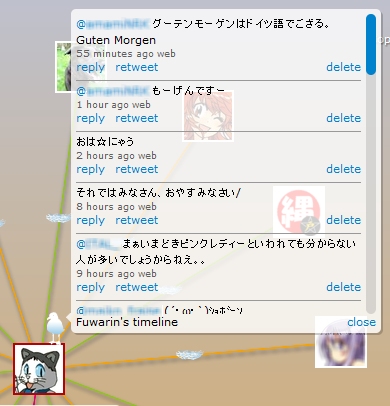 ↑ 表示されている各アカウントにカーソルを合わせて吹き出しを表示させ、そこから「タイムライン」をクリックすると、そのアカウントのツイートがポップアップされる