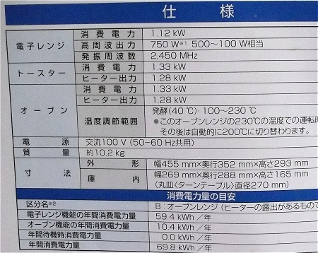 ↑ 当方が自宅で使っている電子レンジの仕様