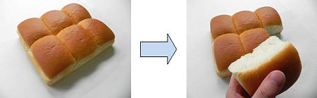 ↑ ちぎりパン(上)と、実際にちぎった様子(下)