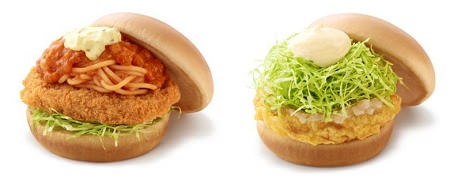 ↑ 左「スパカツバーガー 豚ヒレ肉使用」、右「豚天バーガー 塩糀だれ」