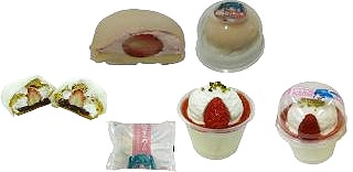 ↑ おもちで包んだ苺のケーキ(上)、雪ミクのぎゅうひで包んだシュー(小倉&いちご)(下左)、雪ミクのいちごレアチーズ(下右)