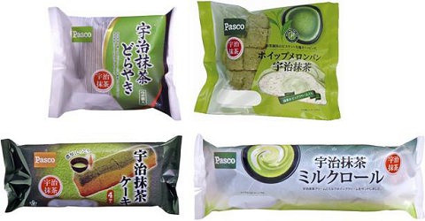 ↑ 上段左から「宇治抹茶どらやき 2個入」「ホイップメロンパン宇治抹茶」、下段左から「宇治抹茶ケーキ 4個入」「宇治抹茶ミルクロール」