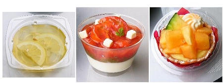 ↑ 左から「愛媛県産レモンを使った愛玉子(オーギョーチ)」「静岡・長野県産アメーラトマトを使ったジュレ」「夕張産夕張メロンを使ったタルト」