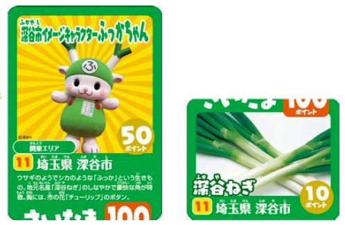 ↑ ゆるキャラカード(左)と名産カード(右)