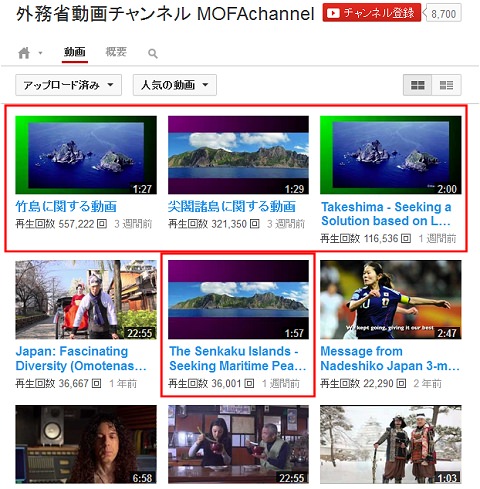 ↑ 外務省動画チャンネル MOFAchannelの収録動画における再生回数上位陣。赤で囲ったものが今回対象となった動画