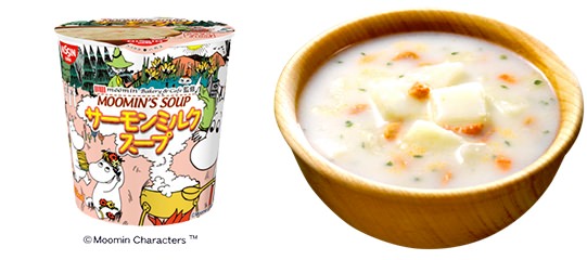 ↑ MOOMIN'S SOUP サーモンミルクスープパッケージ外観(左)とスープ(イメージ、右)