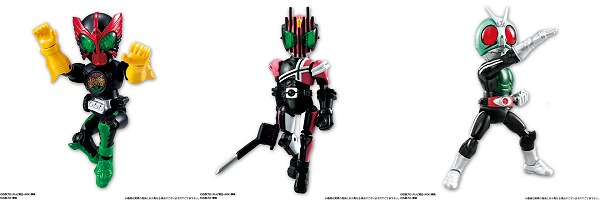 ↑ 左から、仮面ライダーオーズ タトバ コンボ、仮面ライダーディケイド、仮面ライダー新1号