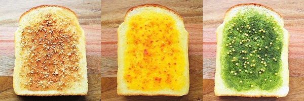 ↑ CO・OP和ぱん3種類の見た目。左から「ごまみそ味」「かぼちゃミックス味」「抹茶味」