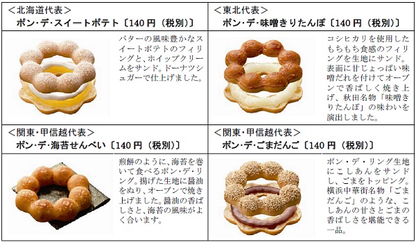 ↑ 東日本エリア限定発売。ポン・デ・スイートポテト、ポン・デ・味噌きりたんぽ、ポン・デ・海苔せんべい、ポン・デ・ごまだんご