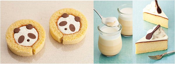 ↑ 左から「ふんわりパンダロール」「ジャージー牛乳の極上プリン」「ジャージー牛乳のミルクスフレチーズケーキ」