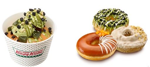 ↑ ドーナツ アイス グリーンティー&クッキー(左)と夏限定のドーナツ3種類「ベルガモット&レモンティー」「抹茶 クッキー クランチ」「アール グレイミルクティー ケーキ」(右)