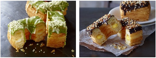 ↑ 左から「クロワッサンドーナツ(宇治抹茶&ミルククリーム)」「同(ビターチョコ&カスタード)」